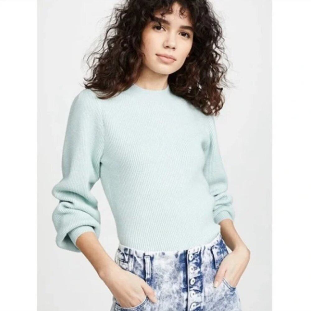 Line & Dot Mint Green Balloon Sleeve Ribbed Mock Neck Sweater